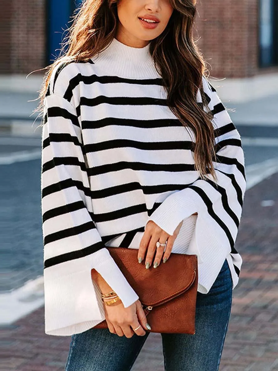 Striped Knit Turtleneck Sweater for Women