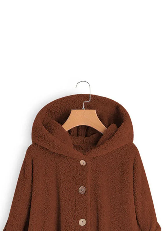 Stylish Brown Hooded Button Low High Design Patchwork Teddy Faux Fur Coats Fall