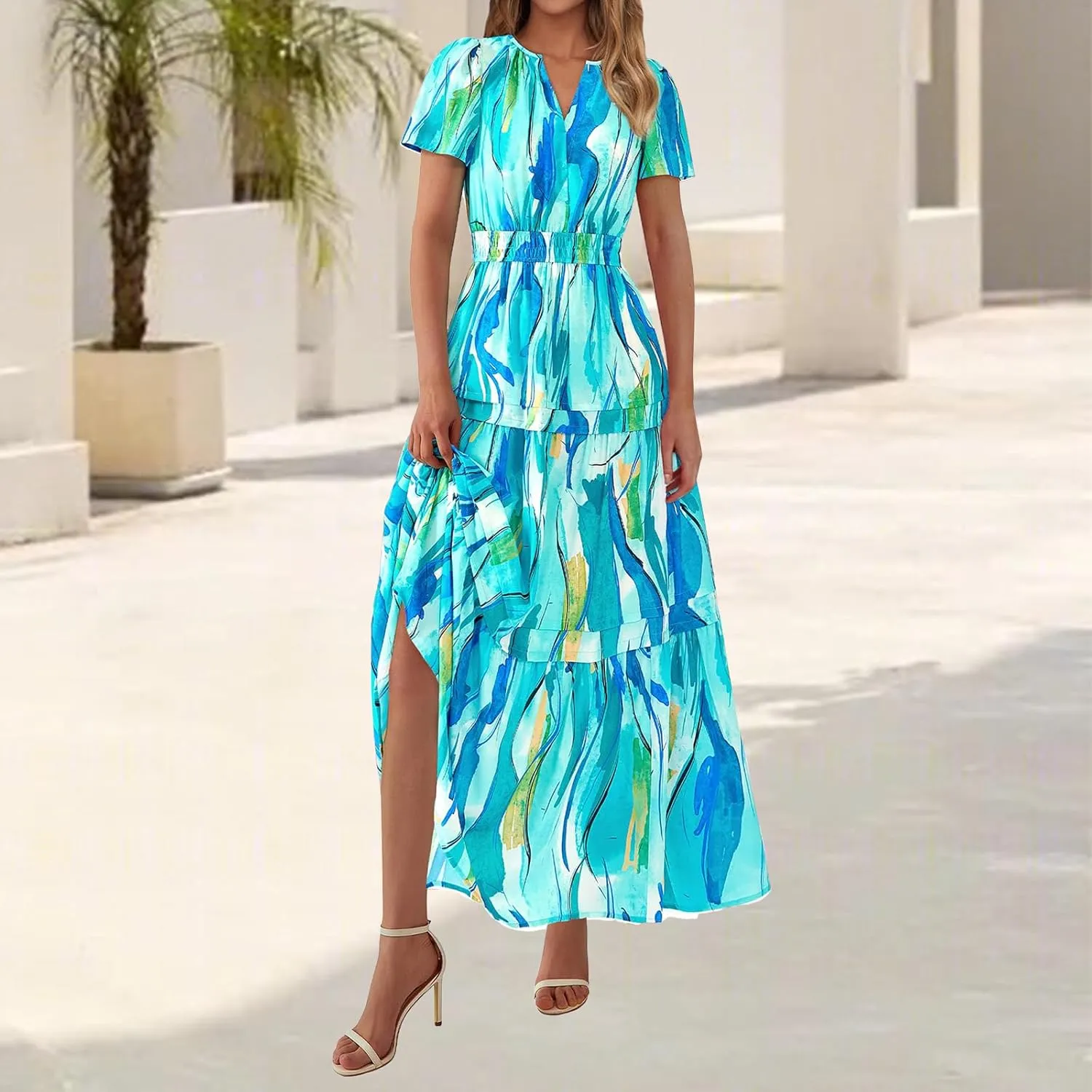 Summer Maxi Dress for Women Casual V Neck Short Sleeve Dresses Boho Floral A Line Tiered Flowy Beach Sundress