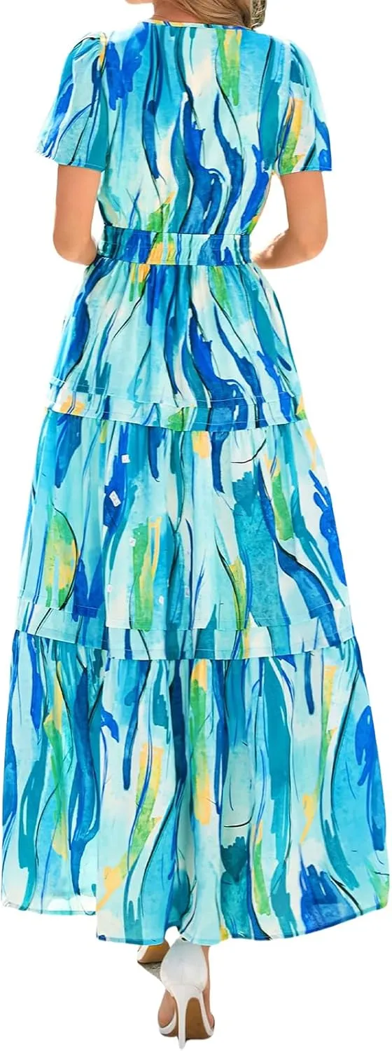 Summer Maxi Dress for Women Casual V Neck Short Sleeve Dresses Boho Floral A Line Tiered Flowy Beach Sundress