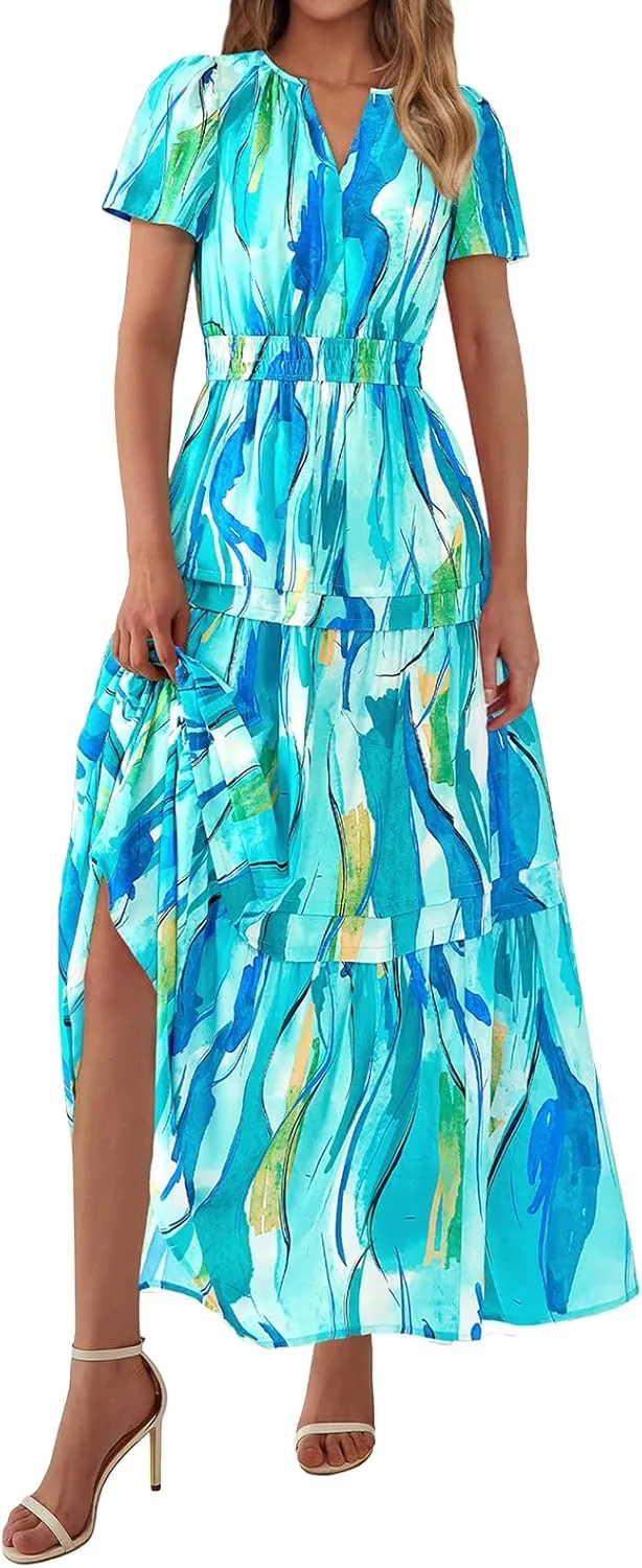 Summer Maxi Dress for Women Casual V Neck Short Sleeve Dresses Boho Floral A Line Tiered Flowy Beach Sundress