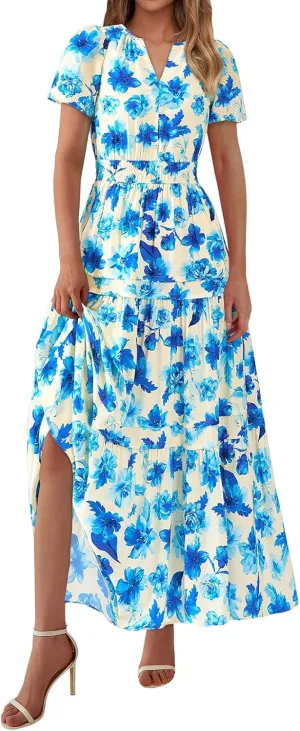 Summer Maxi Dress for Women Casual V Neck Short Sleeve Dresses Boho Floral A Line Tiered Flowy Beach Sundress