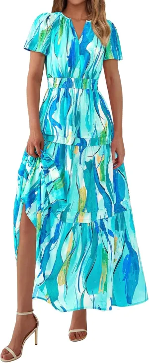 Summer Maxi Dress for Women Casual V Neck Short Sleeve Dresses Boho Floral A Line Tiered Flowy Beach Sundress