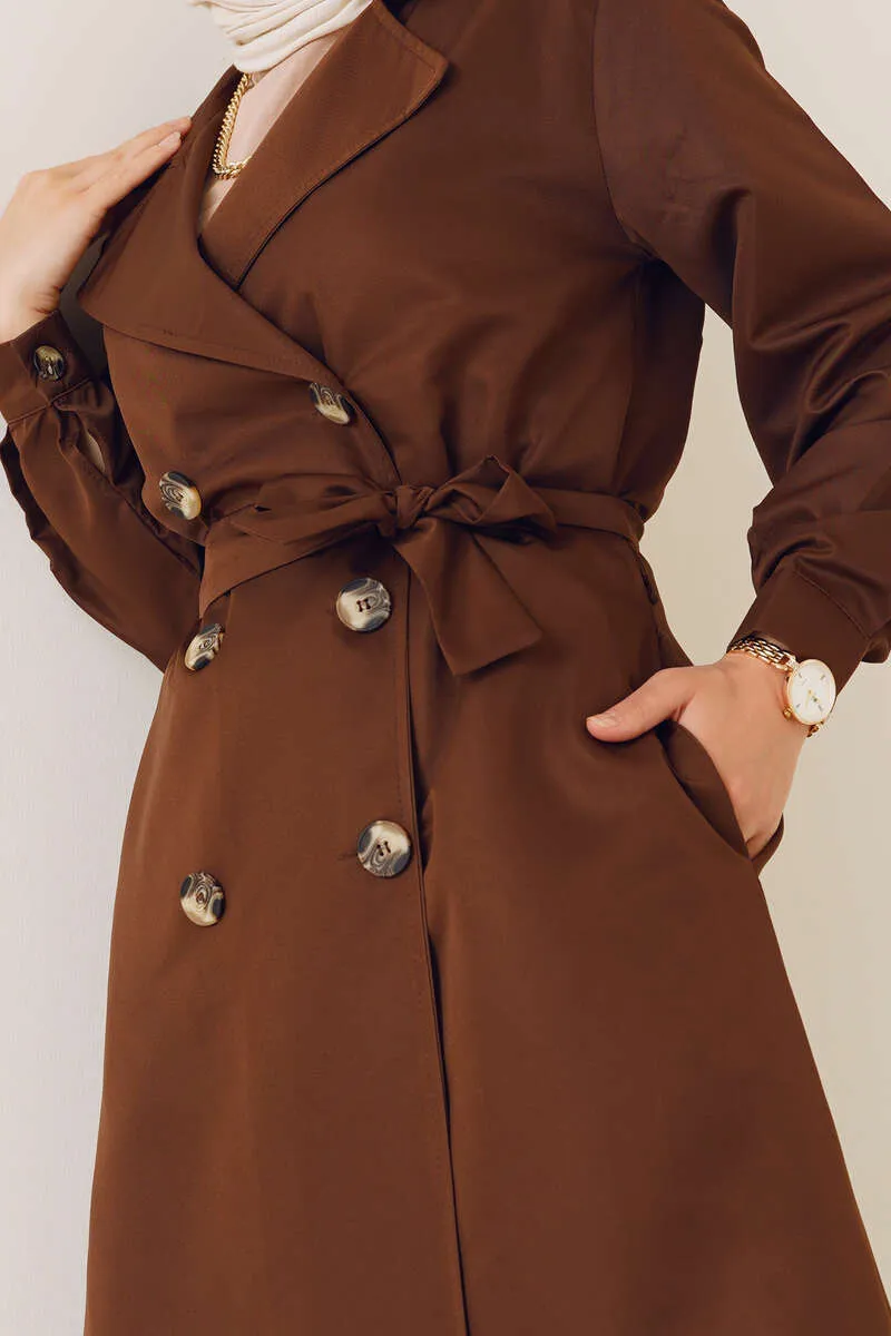 Three-Button Double-Breasted Trench Coat - Brown