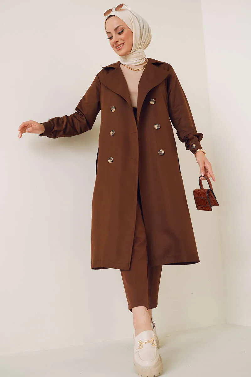 Three-Button Double-Breasted Trench Coat - Brown