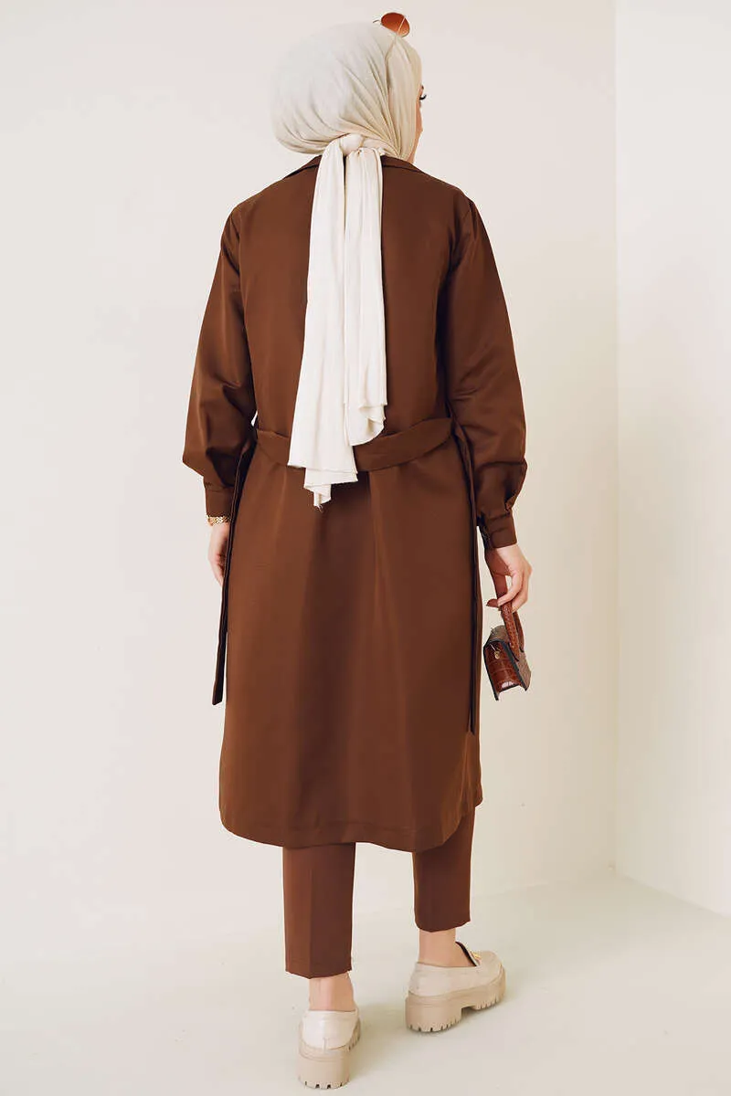 Three-Button Double-Breasted Trench Coat - Brown