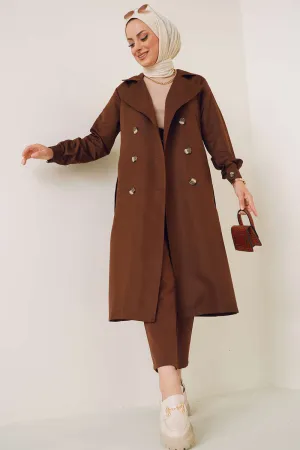 Three-Button Double-Breasted Trench Coat - Brown