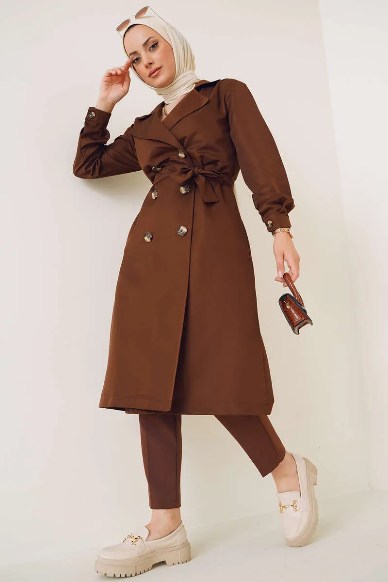 Three-Button Double-Breasted Trench Coat - Brown