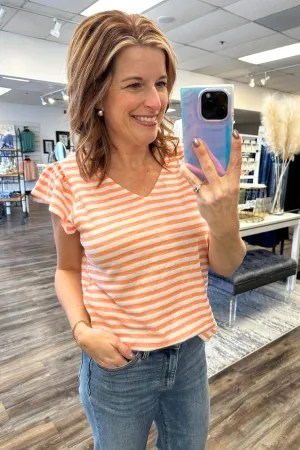 V-Neck Striped Ruffle Sleeve Top