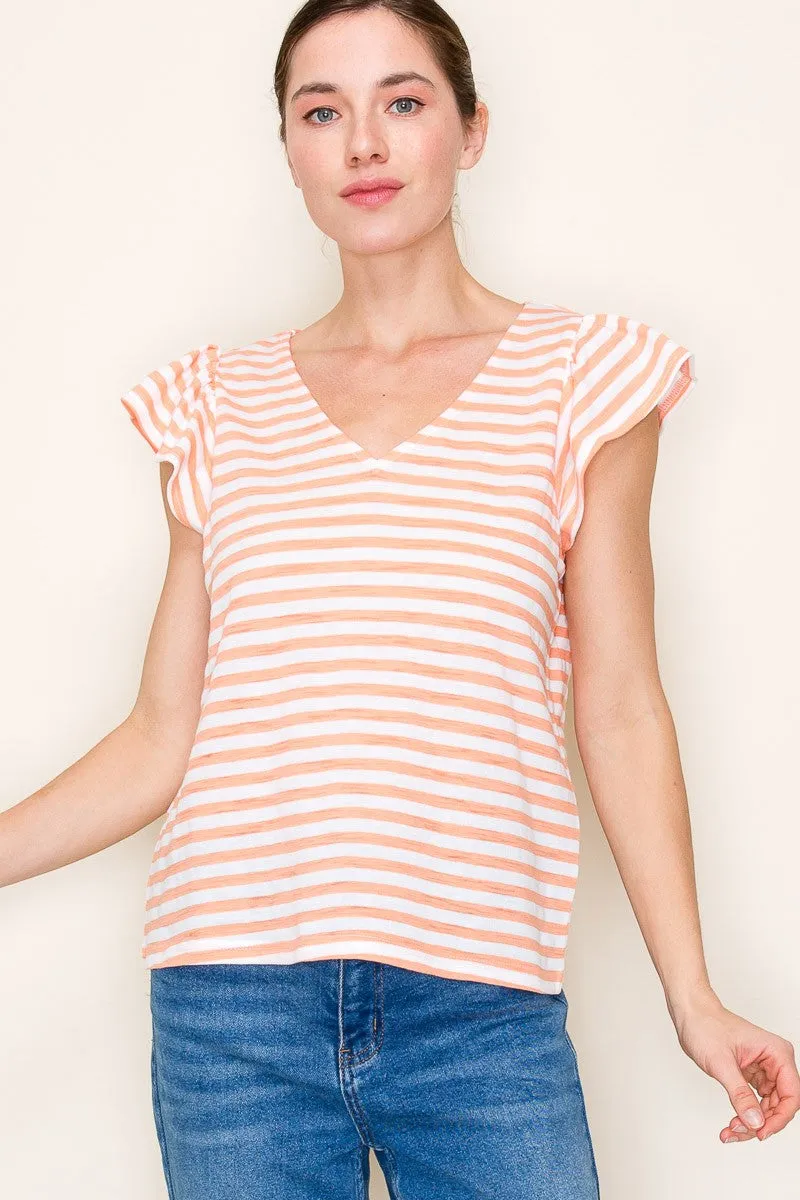 V-Neck Striped Ruffle Sleeve Top