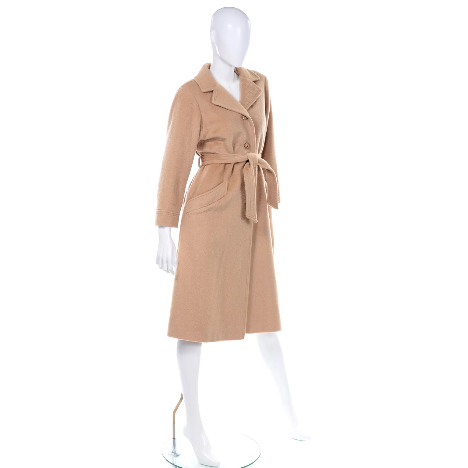 Vintage Tan Camel Hair Wool Trench Coat With Belt & Front Buttons