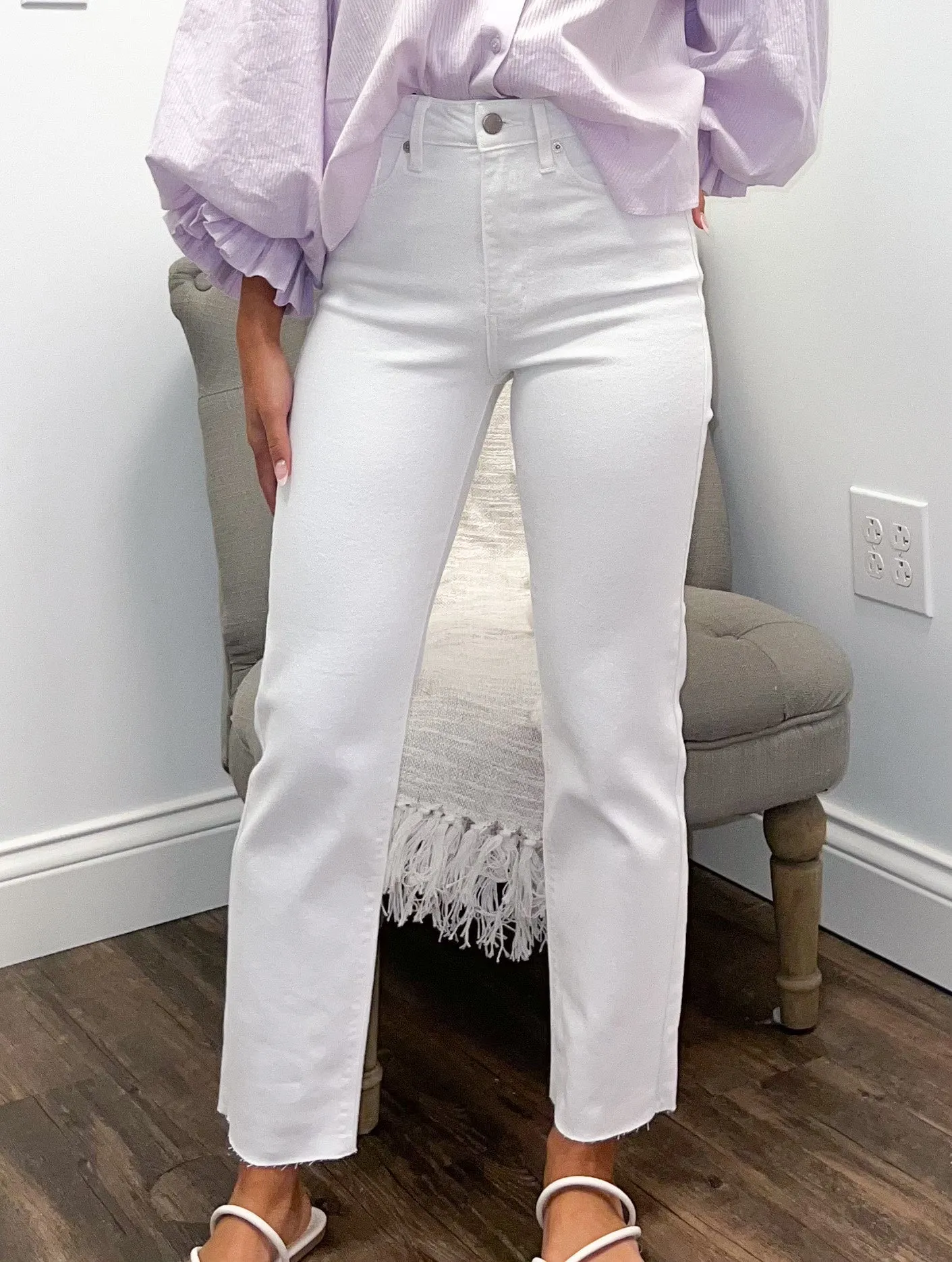White Classic Straight Leg Frayed Hem Jeans