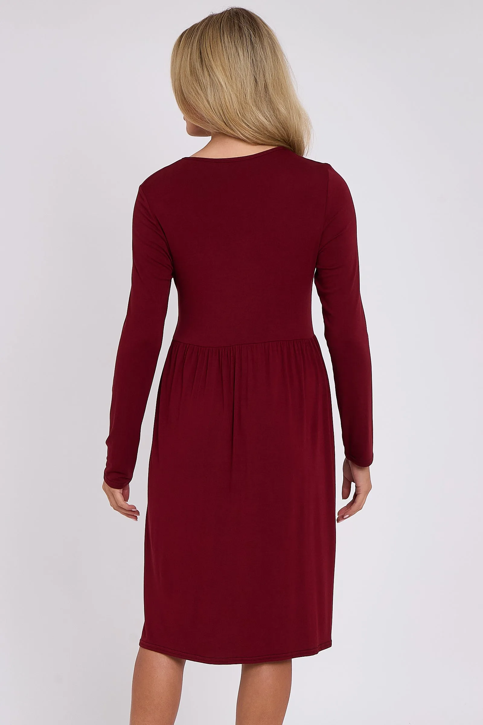 Wine Long Sleeve Gathered Waist Dress