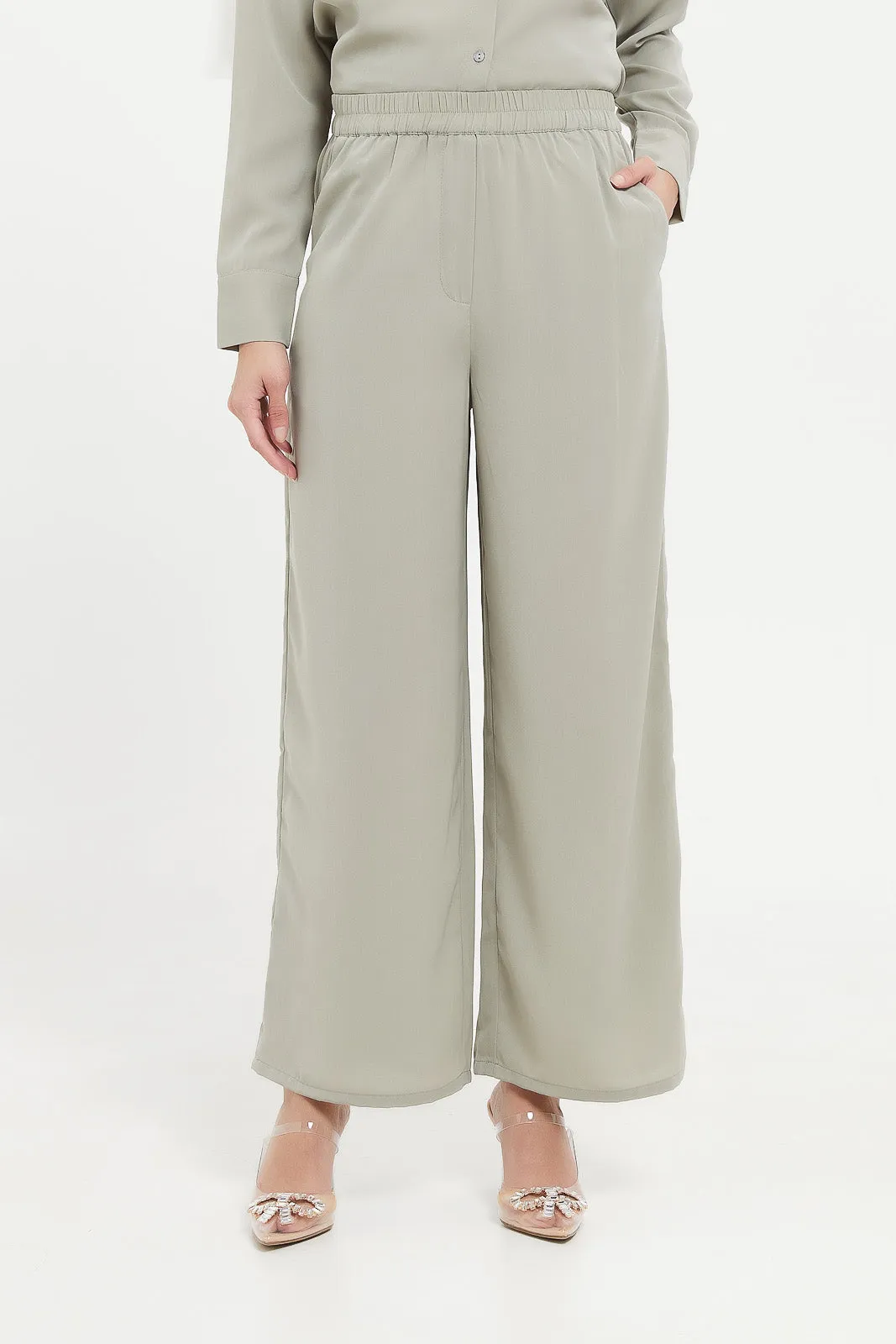 Women Grey Wide Leg Elasticated Trousers