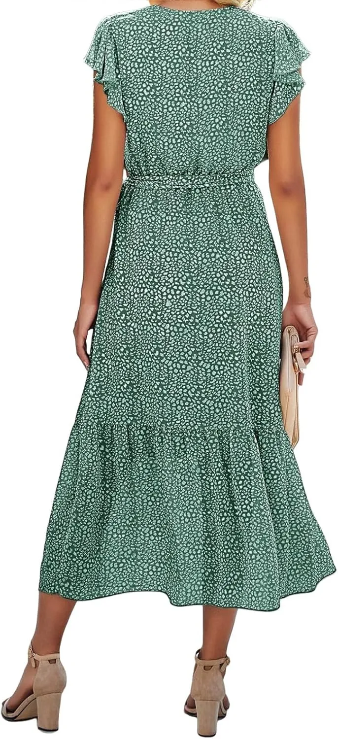 Womens Boho Dresses Summer Lightweight V Neck Ruffle Short Midi Dress Flowy Lace Up Tunic Floral Ruffle Hem Dresses