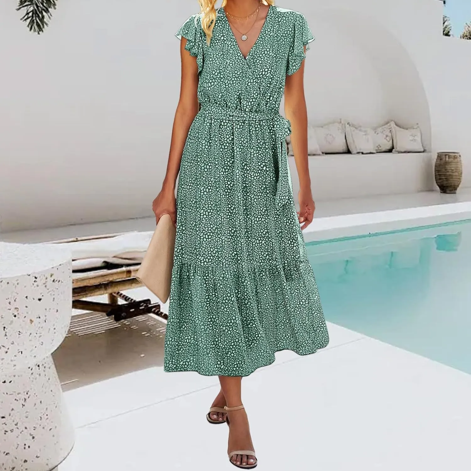 Womens Boho Dresses Summer Lightweight V Neck Ruffle Short Midi Dress Flowy Lace Up Tunic Floral Ruffle Hem Dresses