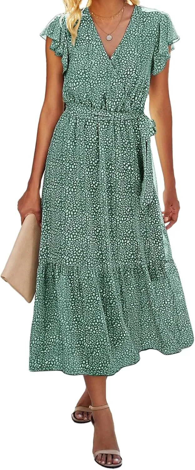 Womens Boho Dresses Summer Lightweight V Neck Ruffle Short Midi Dress Flowy Lace Up Tunic Floral Ruffle Hem Dresses