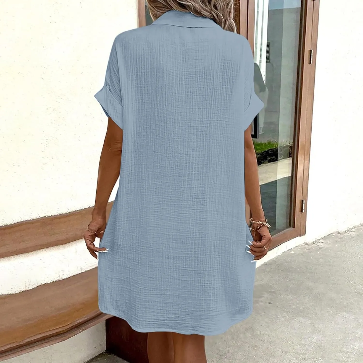 Womens Button Down Shirt Dress Summer Cotton Linen Dress V-Neck Mini Dress Casual Short Sleeve Loose Tunic Dresses