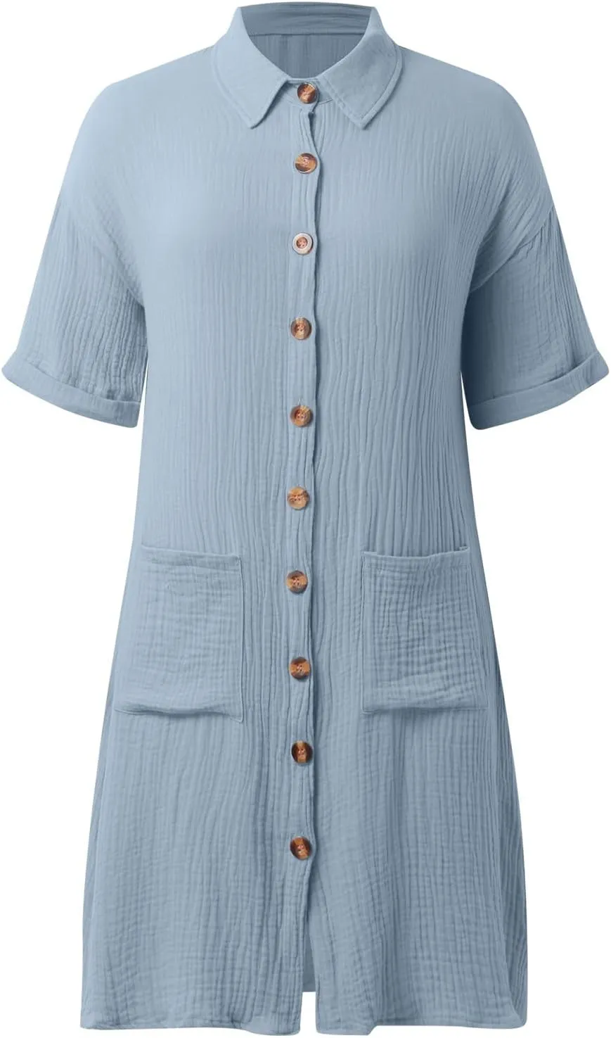 Womens Button Down Shirt Dress Summer Cotton Linen Dress V-Neck Mini Dress Casual Short Sleeve Loose Tunic Dresses