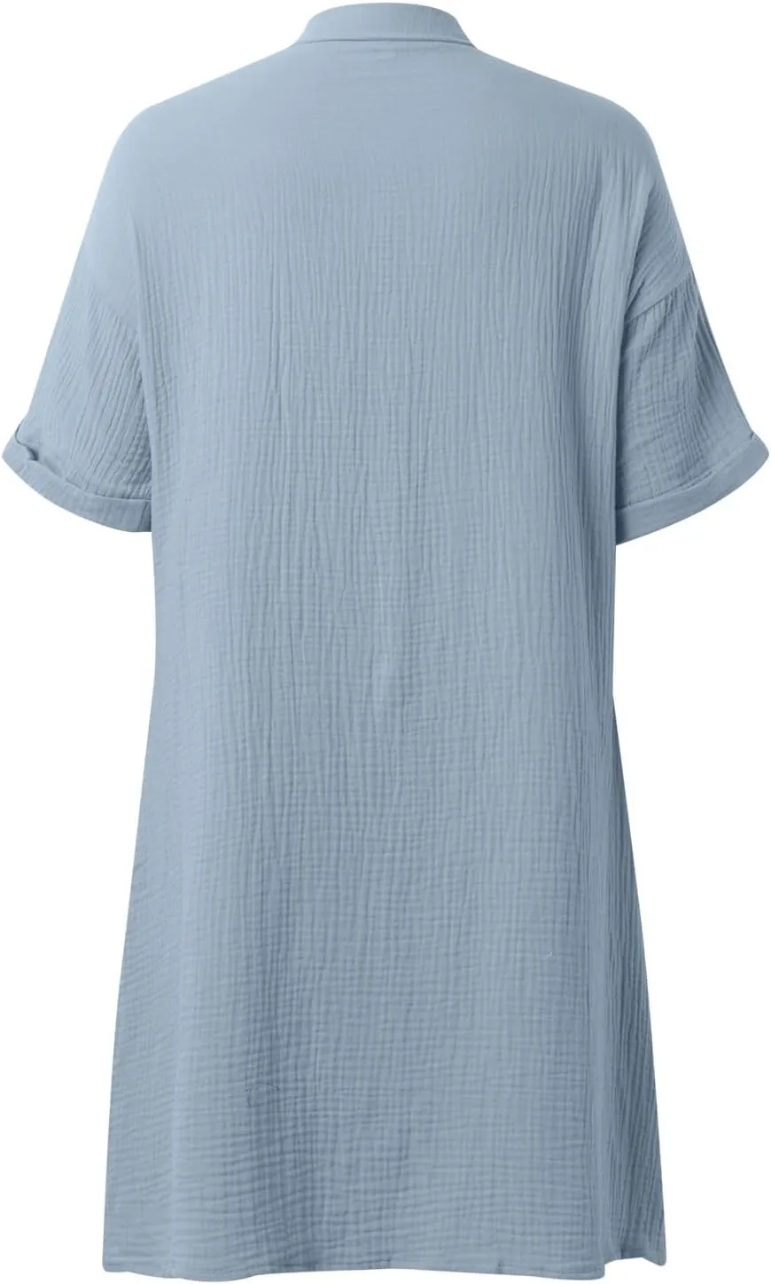Womens Button Down Shirt Dress Summer Cotton Linen Dress V-Neck Mini Dress Casual Short Sleeve Loose Tunic Dresses