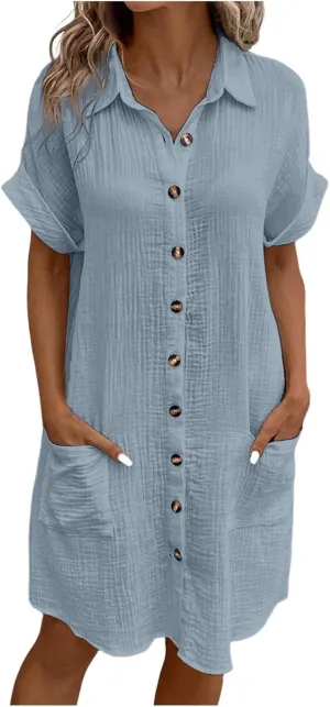 Womens Button Down Shirt Dress Summer Cotton Linen Dress V-Neck Mini Dress Casual Short Sleeve Loose Tunic Dresses