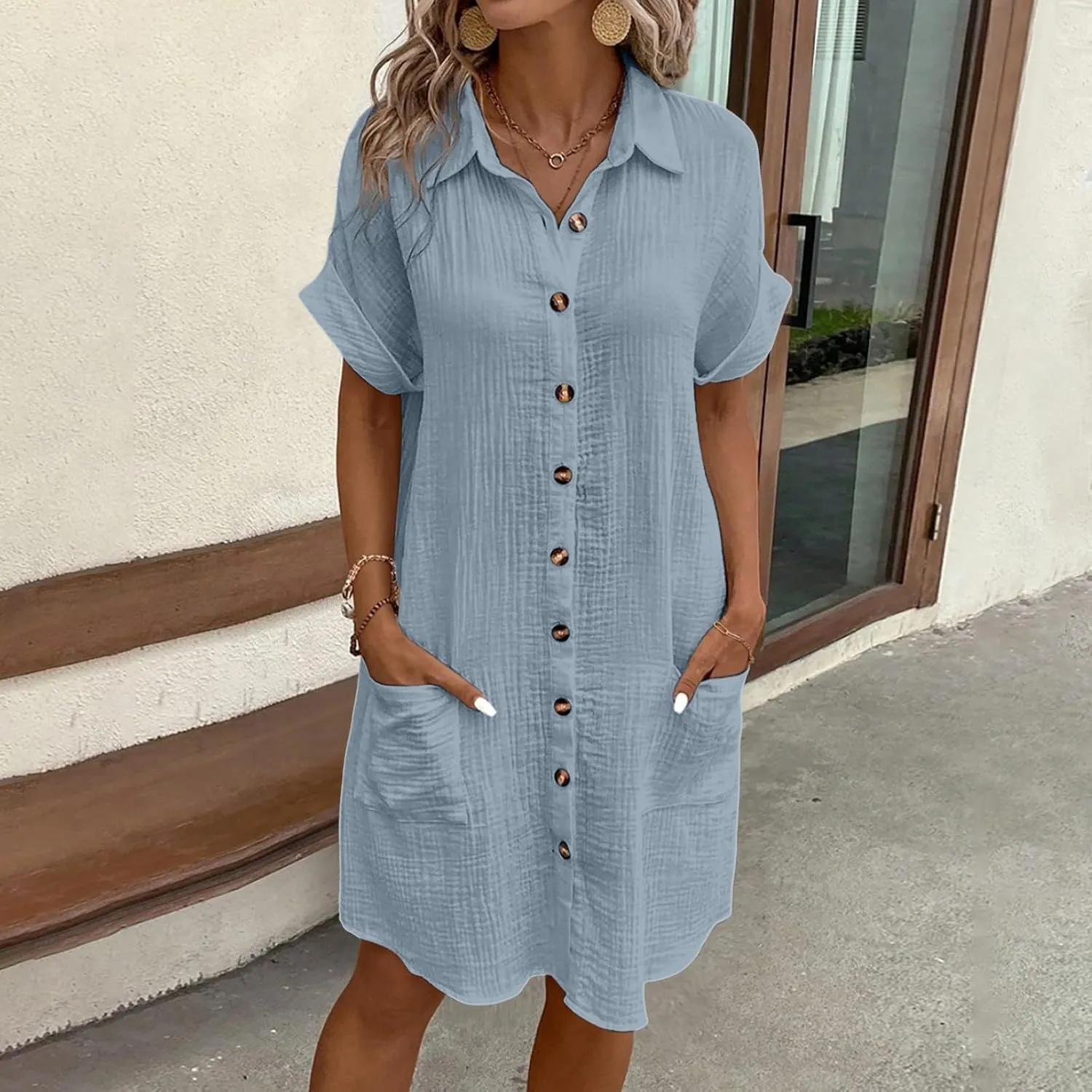 Womens Button Down Shirt Dress Summer Cotton Linen Dress V-Neck Mini Dress Casual Short Sleeve Loose Tunic Dresses