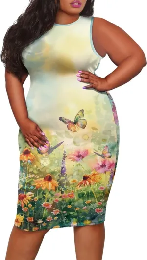 Women's Sleeveless Bodycon Dress Plus Size Sundress Casual Crewneck Wrap Dress Shift Dress for Beach Vacation