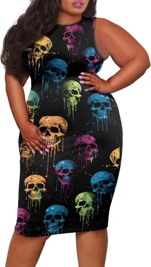 Women's Sleeveless Bodycon Dress Plus Size Sundress Casual Crewneck Wrap Dress Shift Dress for Beach Vacation