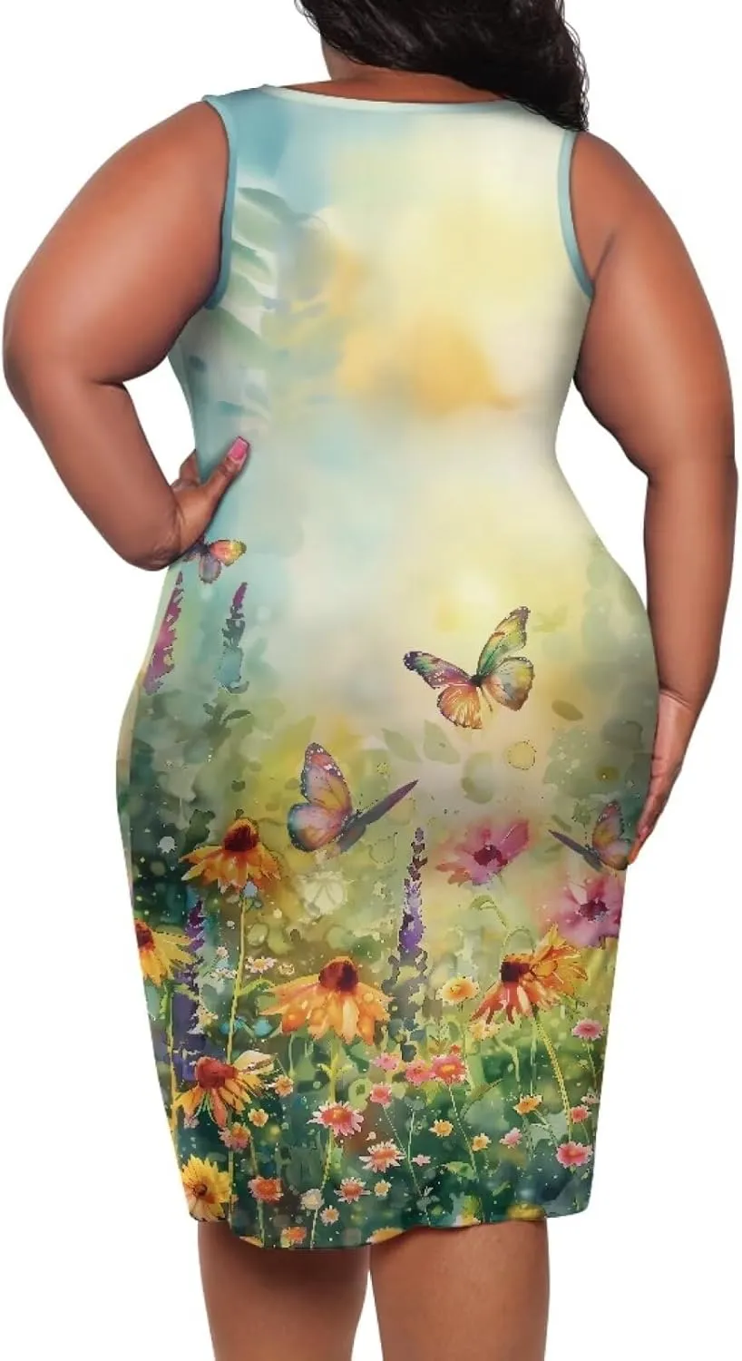 Women's Sleeveless Bodycon Dress Plus Size Sundress Casual Crewneck Wrap Dress Shift Dress for Beach Vacation