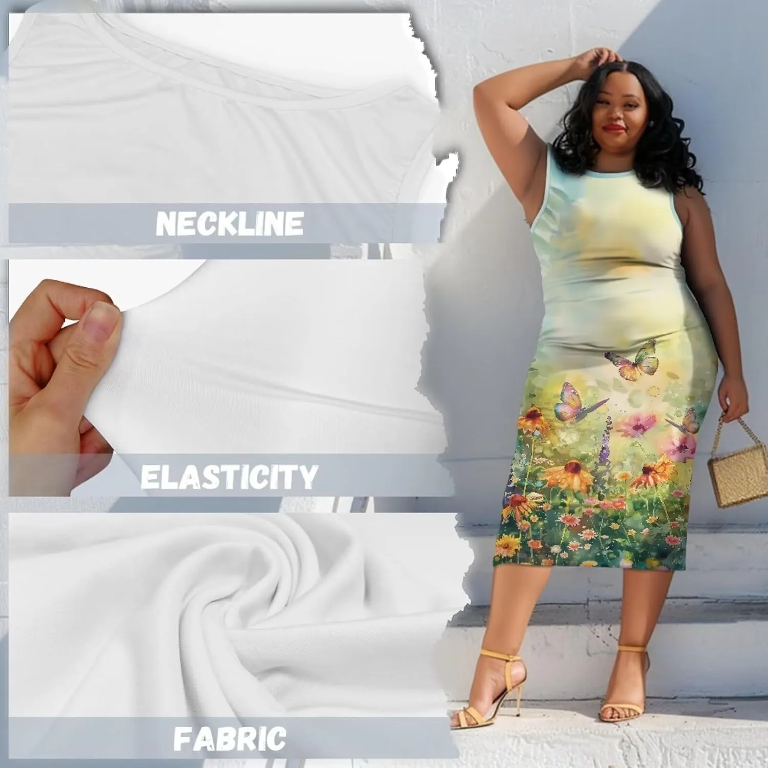 Women's Sleeveless Bodycon Dress Plus Size Sundress Casual Crewneck Wrap Dress Shift Dress for Beach Vacation