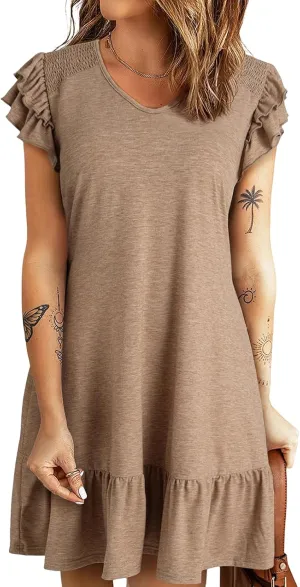 Women's Summer Mini Dresses V Neck Ruffle Short Sleeve Dress Casual Loose A-Line Swing Mini Dress Sundress 2025