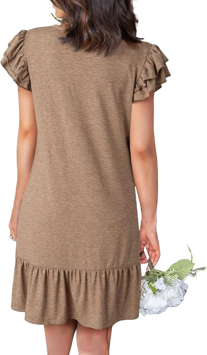 Women's Summer Mini Dresses V Neck Ruffle Short Sleeve Dress Casual Loose A-Line Swing Mini Dress Sundress 2025
