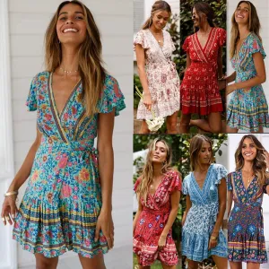 Women's summer new holiday print bohemian dress