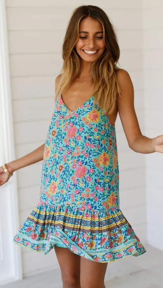 Women's summer new holiday print bohemian dress