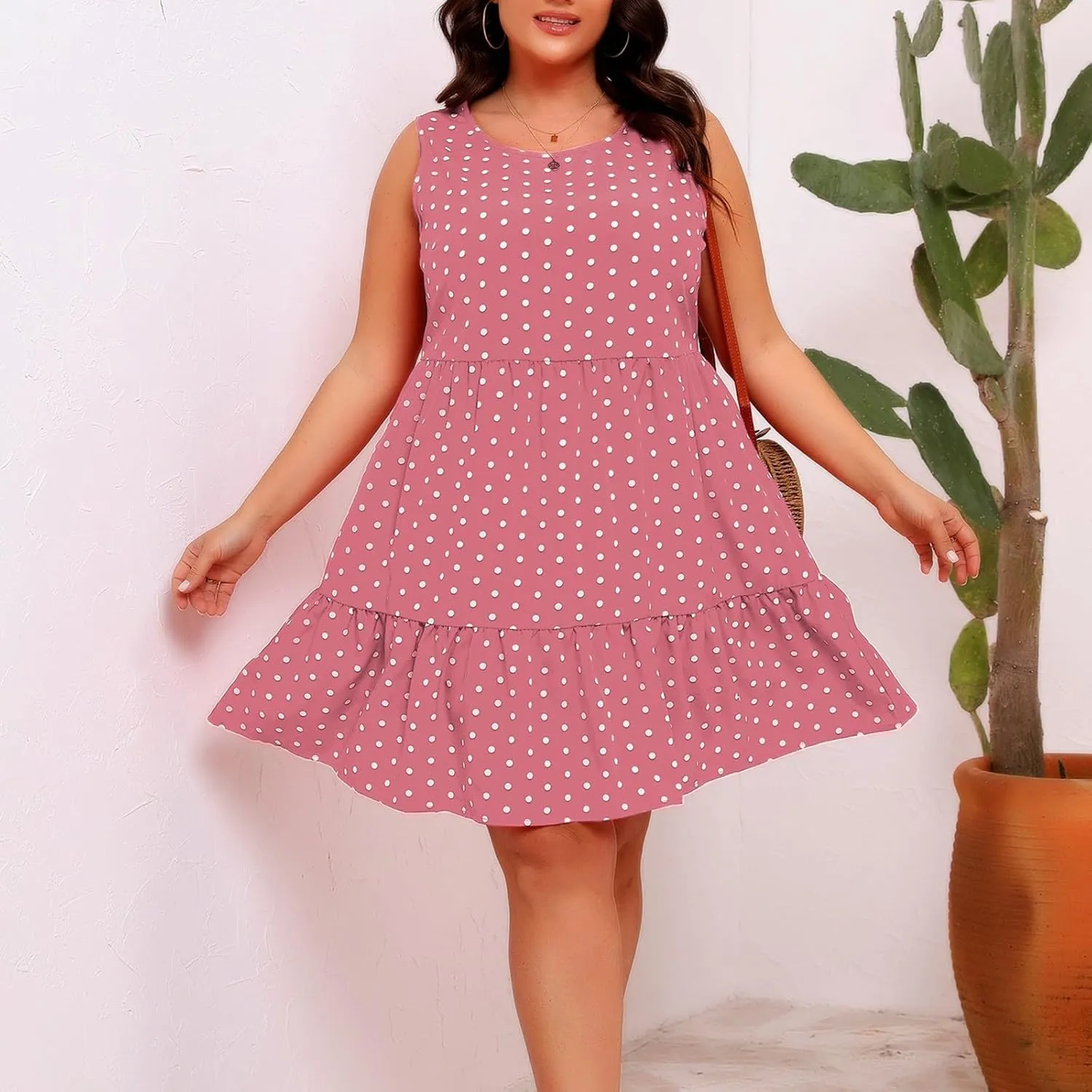 Women's Summer Plus Size Swing Dress, Sleeveless Crewneck Casual Dresses Fashion Polka Dot Porm Party Trendy Clothes