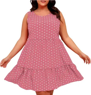 Women's Summer Plus Size Swing Dress, Sleeveless Crewneck Casual Dresses Fashion Polka Dot Porm Party Trendy Clothes