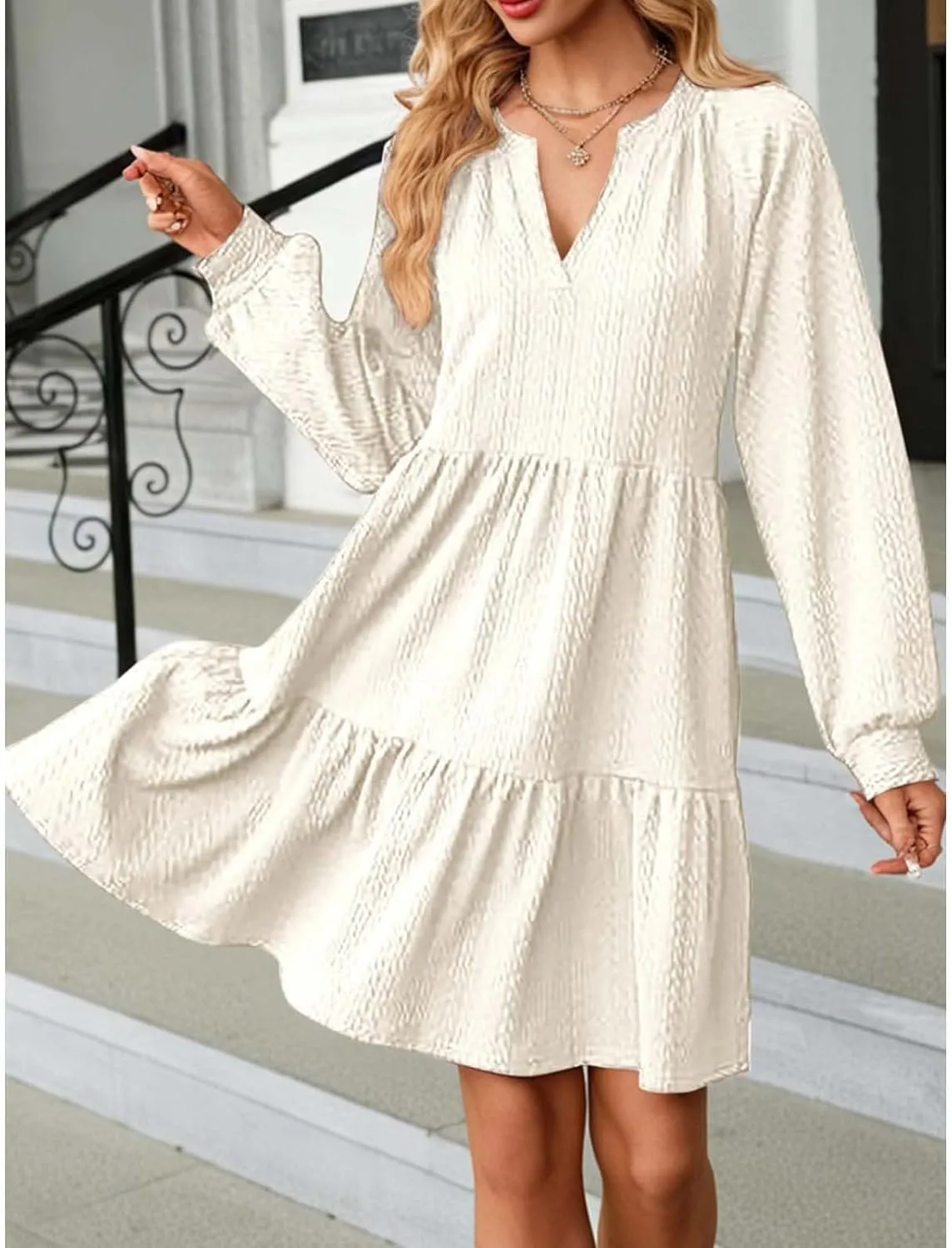 XOWRTE Womens Mini Dresses 2024 Long Sleeve V Neck Textured Casual Tiered Ruffle A-Line Swing Mini Babydoll Dress Party Dress