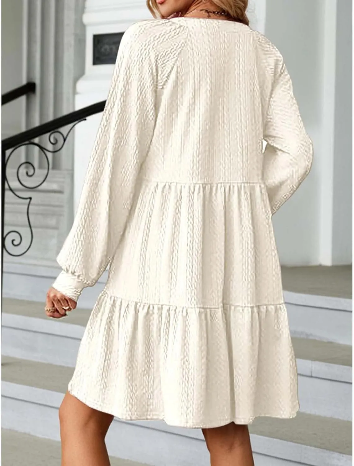 XOWRTE Womens Mini Dresses 2024 Long Sleeve V Neck Textured Casual Tiered Ruffle A-Line Swing Mini Babydoll Dress Party Dress