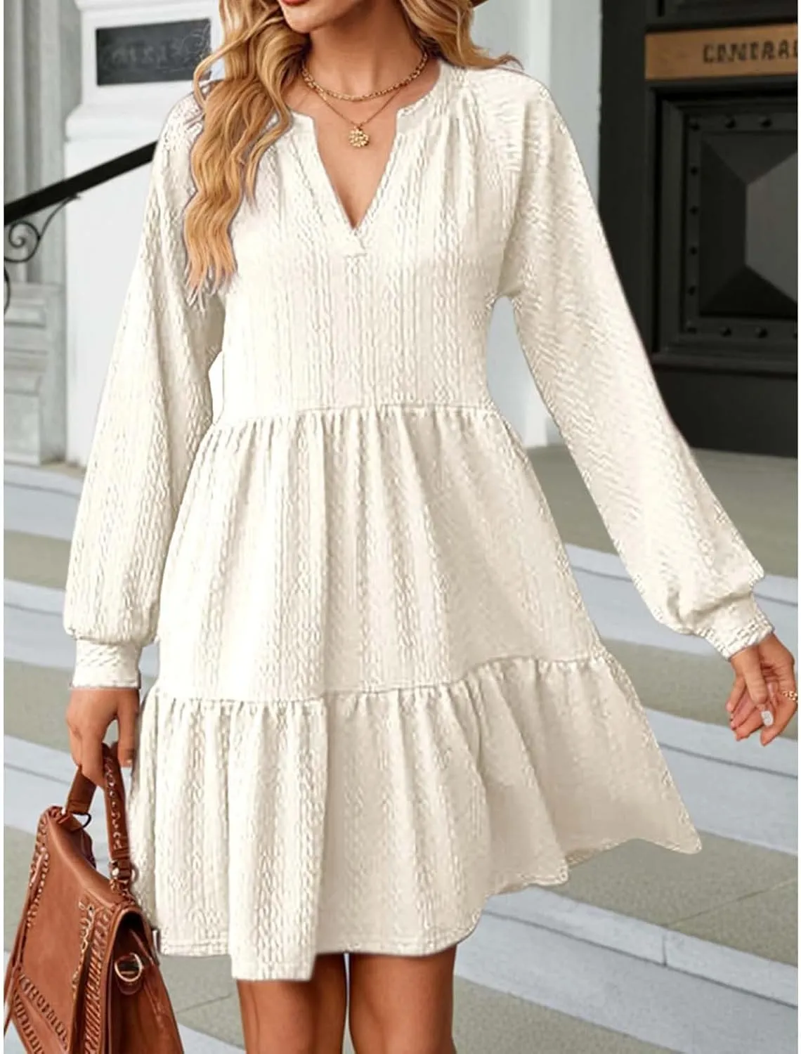 XOWRTE Womens Mini Dresses 2024 Long Sleeve V Neck Textured Casual Tiered Ruffle A-Line Swing Mini Babydoll Dress Party Dress