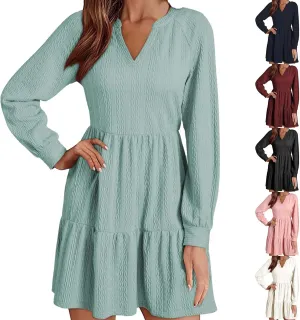 XOWRTE Womens Mini Dresses 2024 Long Sleeve V Neck Textured Casual Tiered Ruffle A-Line Swing Mini Babydoll Dress Party Dress