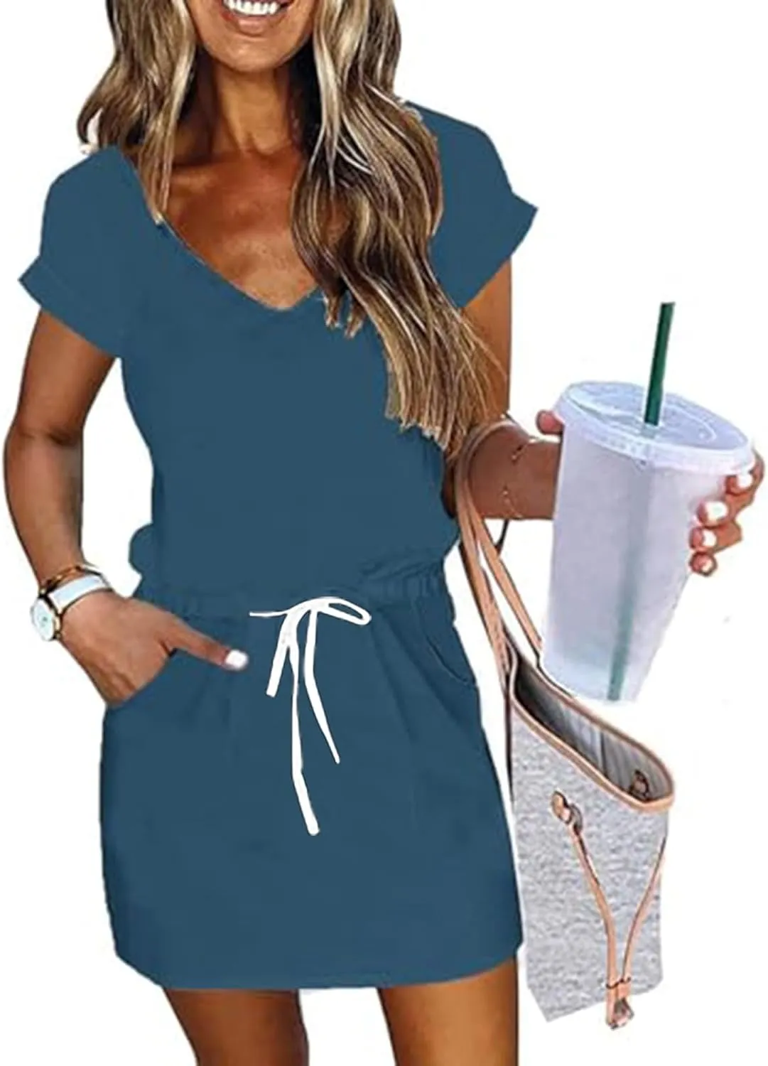 XOWRTE Women's Summer Tie Dresses 2025 Beach Casual Deep V Neck Loose Sundress Ruffle Sleeve Mini Dress A-Line Tunic Dress