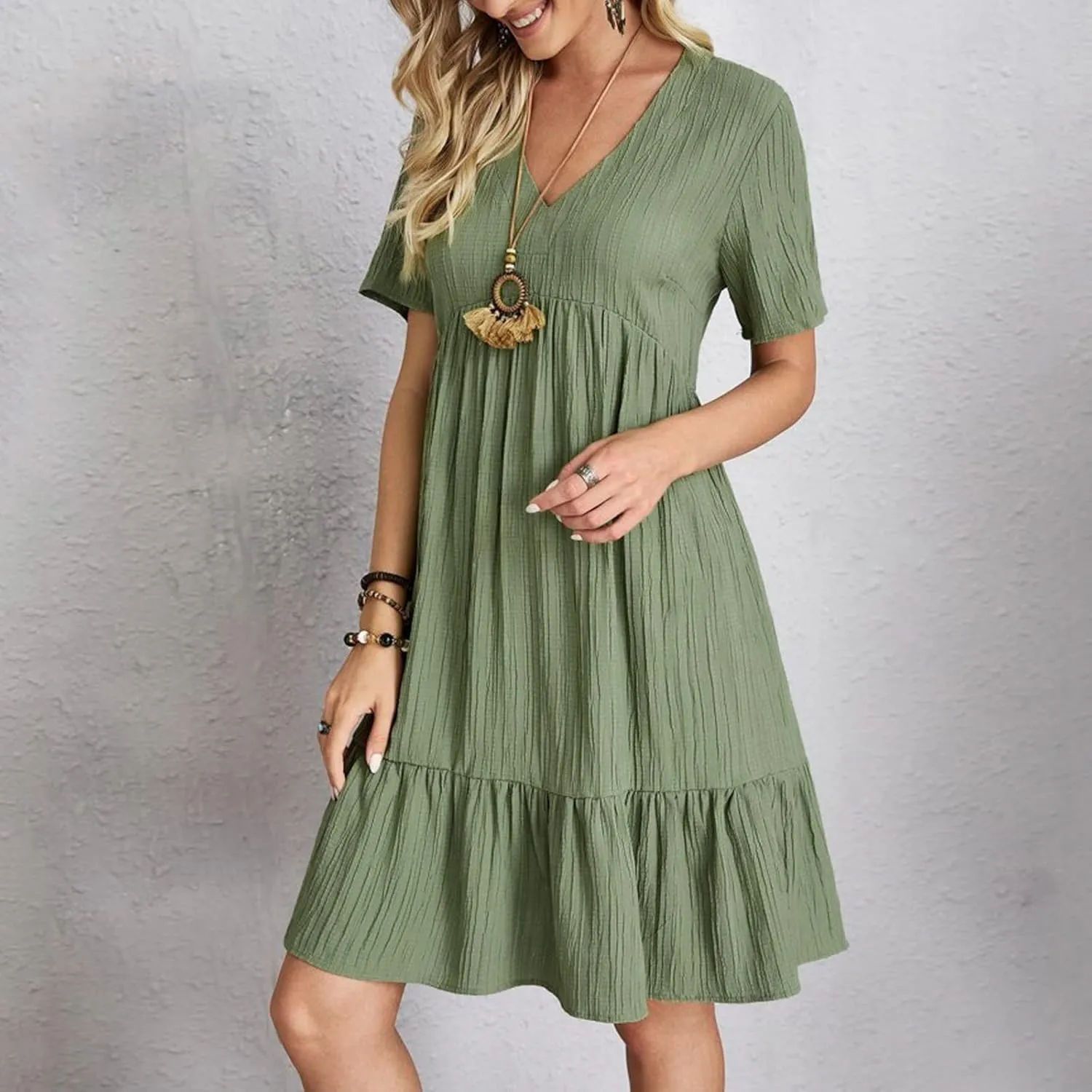 ZYXTIM Women's Casual T Shirt Dress Summer Spring V Neck Short Sleeve Sundress Solid Color Pleated Flowy Swing Shift Dresses