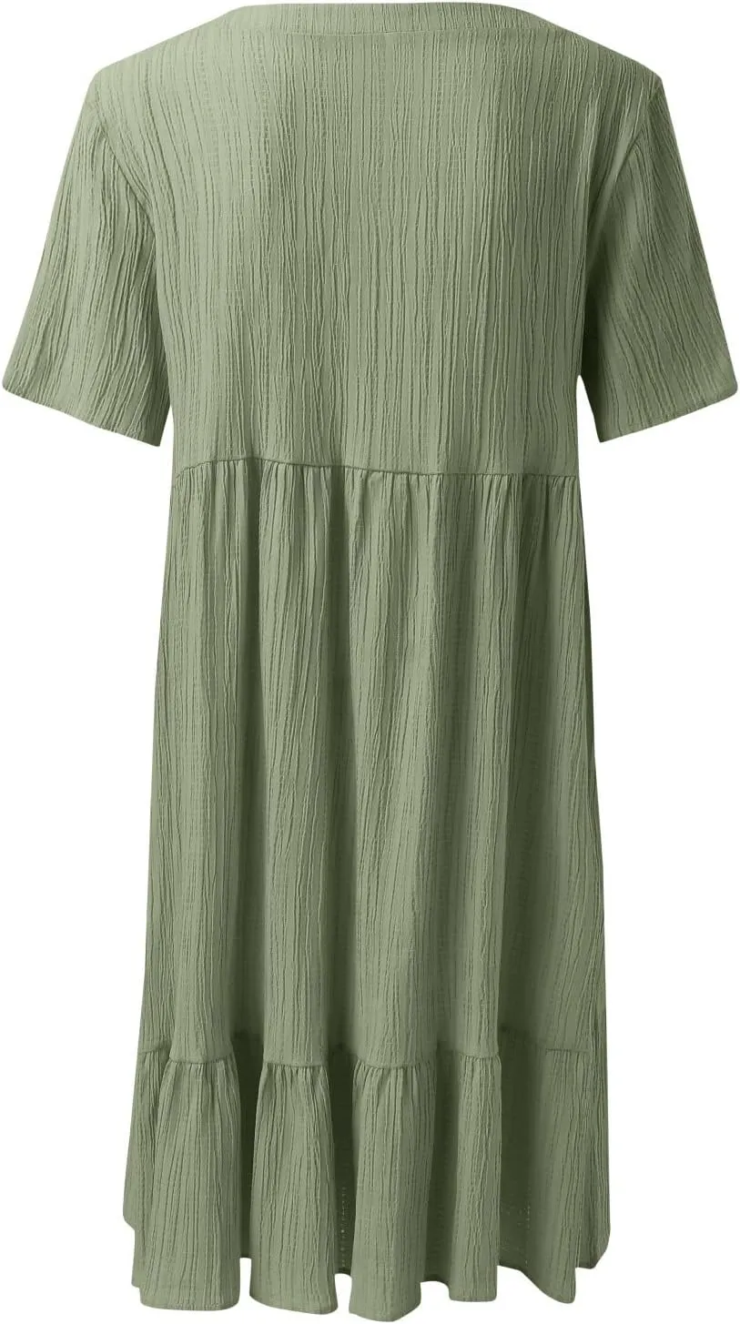 ZYXTIM Women's Casual T Shirt Dress Summer Spring V Neck Short Sleeve Sundress Solid Color Pleated Flowy Swing Shift Dresses