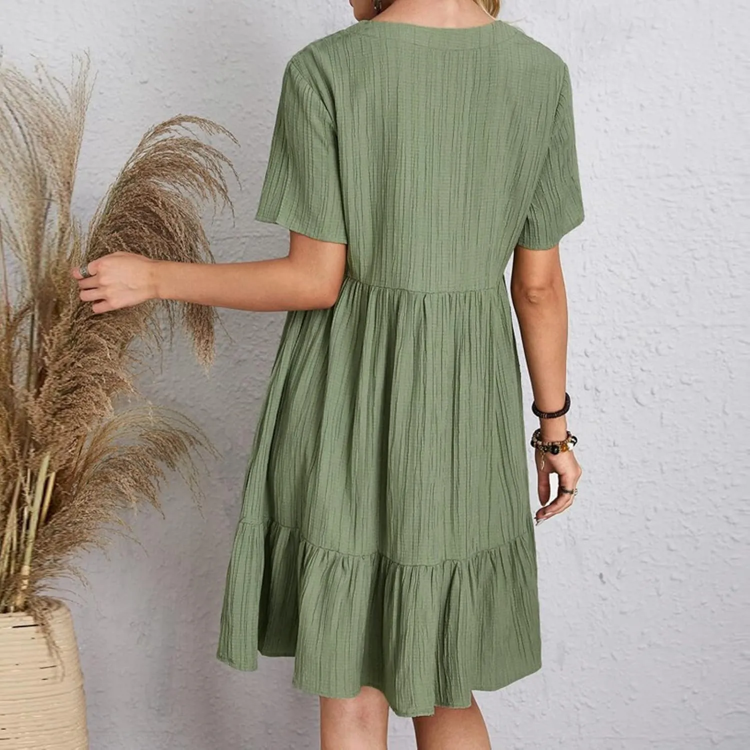 ZYXTIM Women's Casual T Shirt Dress Summer Spring V Neck Short Sleeve Sundress Solid Color Pleated Flowy Swing Shift Dresses