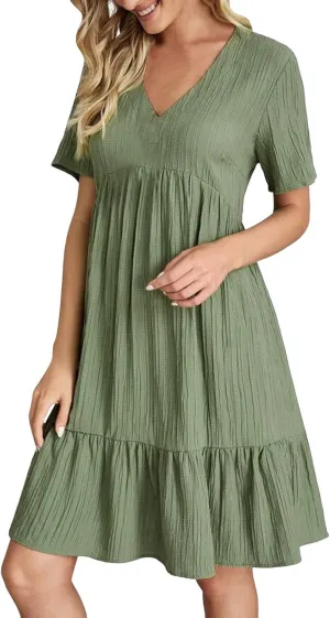 ZYXTIM Women's Casual T Shirt Dress Summer Spring V Neck Short Sleeve Sundress Solid Color Pleated Flowy Swing Shift Dresses